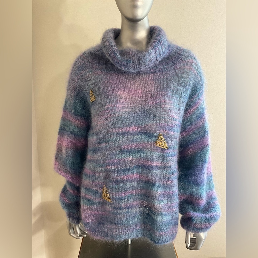 Hand-knit Pullover Women's Size XL Angora Cowl Neck Sweater Visible Mended